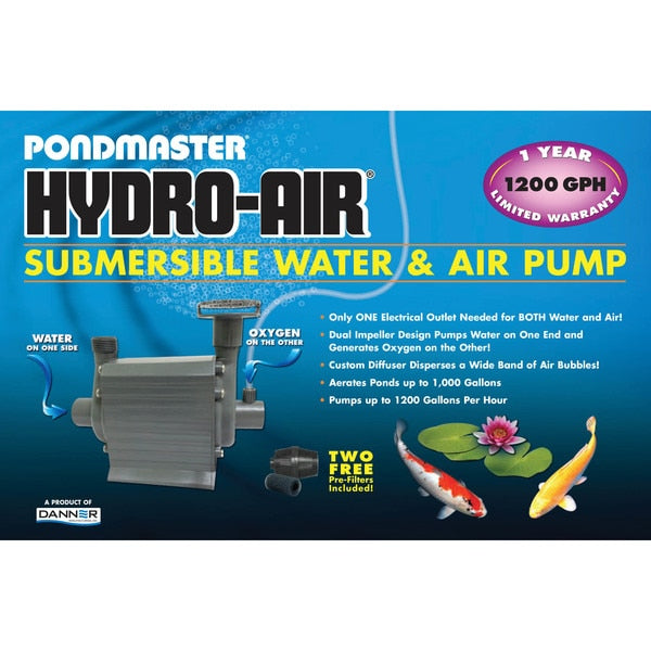 Hydro-Air pump moves water&air. For ponds up to 1000 gal 18' cord