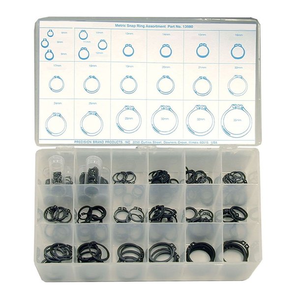 External Retaining Ring Assortment,  Spring Steel,  Black Phosphate Finish,  295 Pieces