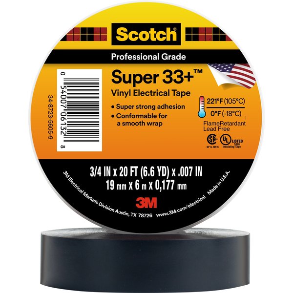 Vinyl Electrical Tape, 3/4 in W x 20 ft L,  7 mil Thick,  Black,  Scotch Super 33+,  10 Pk