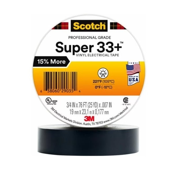 Vinyl Electrical Tape,  3/4 in W x 76 ft L ,  7 mil Thick,  Black,  Scotch Super 33+,  1 Pk