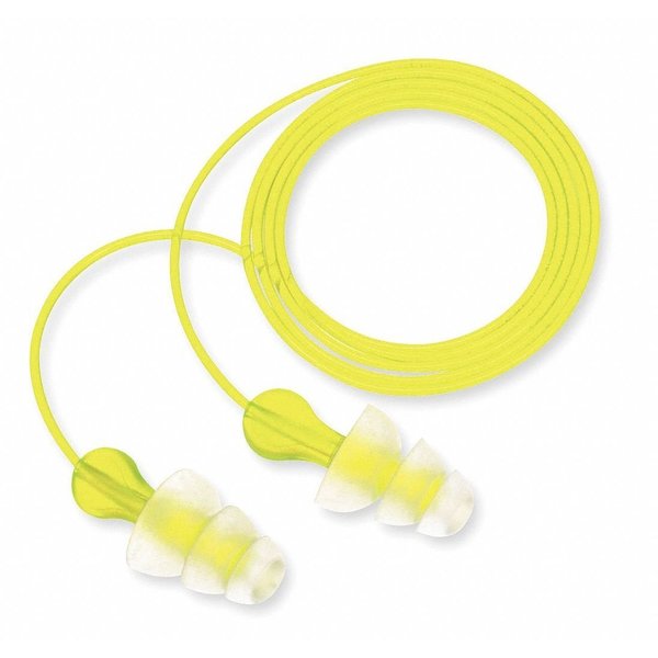 Tri-Flange Reusable Corded Ear Plugs,  Fanged Shape,  NRR 26 dB,  M,  Yellow/Clear,  100 Pairs