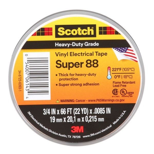 Vinyl Electrical Tape. Super 88,  Scotch,  3/4 in L x 66 ft L,  8.5 mil thick,  Black,  1 Pack