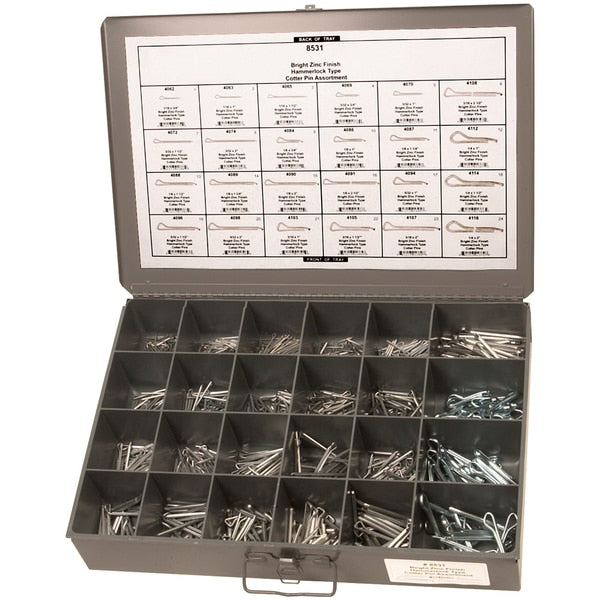 Zinc Finish Cotter Pin Assort 24 Hole Gray Metal Tray
