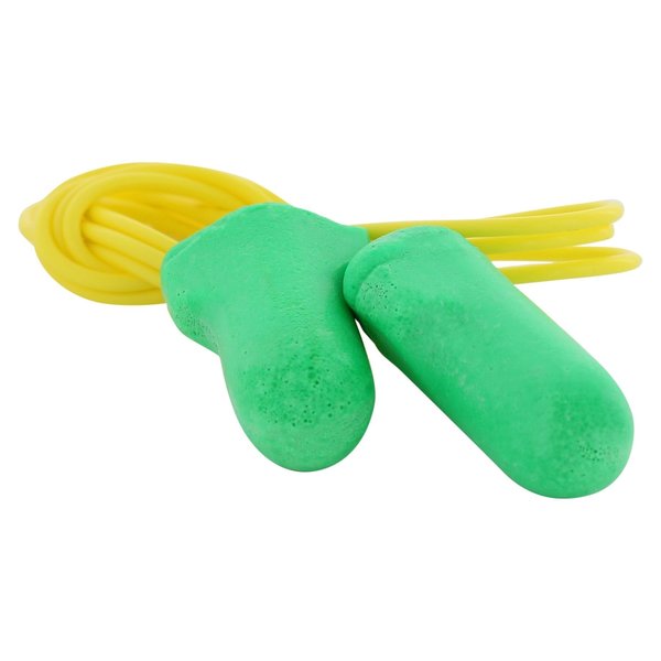 Max Lite Disposable Corded Earplugs,  Foam,  Contoured-T Shape,  NRR 30 dB,  Green/Yellow,  100 Pairs