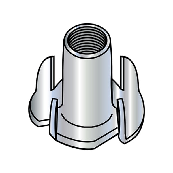 T-Nut,  4 Prongs,  1/4"-20,  Steel,  Zinc Plated,  0.305 in Barrel Dia,  9/16 in Barrel Ht,  2000 PK