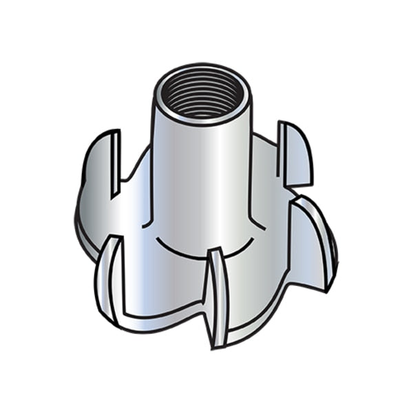T-Nut,  6 Prongs,  1/4"-20,  Steel,  Zinc Plated,  0.305 in Barrel Dia,  9/16 in Barrel Ht,  2000 PK