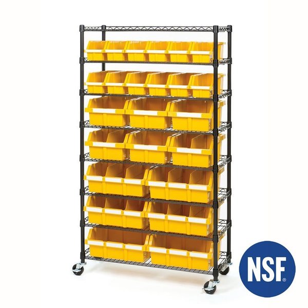 Steel Bin Rack 24, 7 Tier, 8 Shelves, Black,  36 in W x 63.5 in H x 14.25 in D,  Black / Yellow
