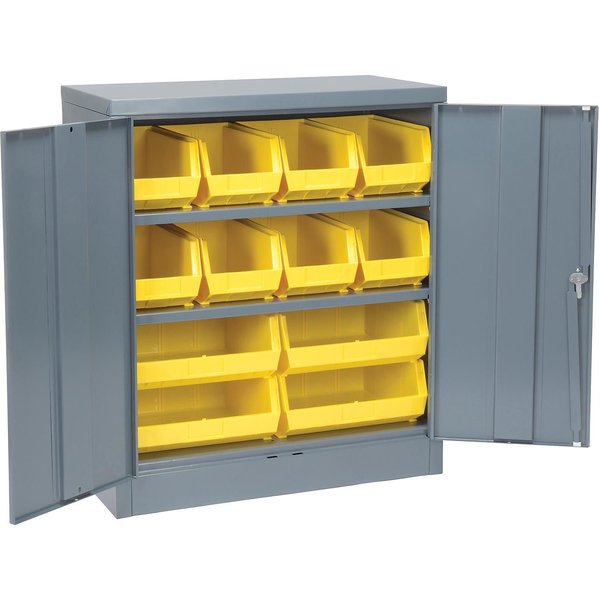 Locking Storage Cabinet With 12 Yellow Stacking Bins and 2 Shelves,  Unassembled,  36W X 18D X 48H