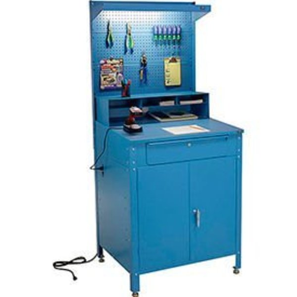 Shop Desk w/Lower Cabinet,  Pigeonhole Compartment w/Pegboard Riser,  34-1/2W x 30D x 80H,  Blue