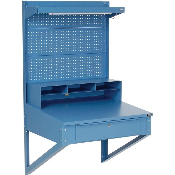 Shop Desk Wall Mount with Pegboard Riser,  34-1/2W x 30D x 61H,  Blue