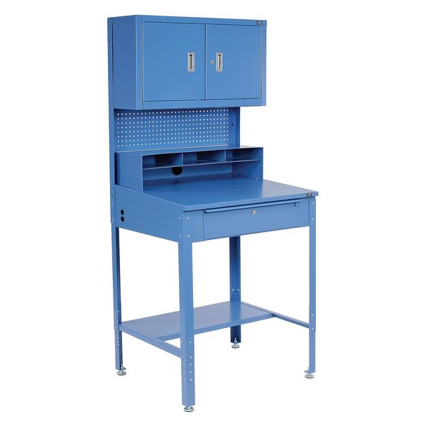 Shop Desk w/Pigeonhole Compartments,  Cabinet Riser,  34-1/2W x 30D x 38 to 42-1/2H,  Blue