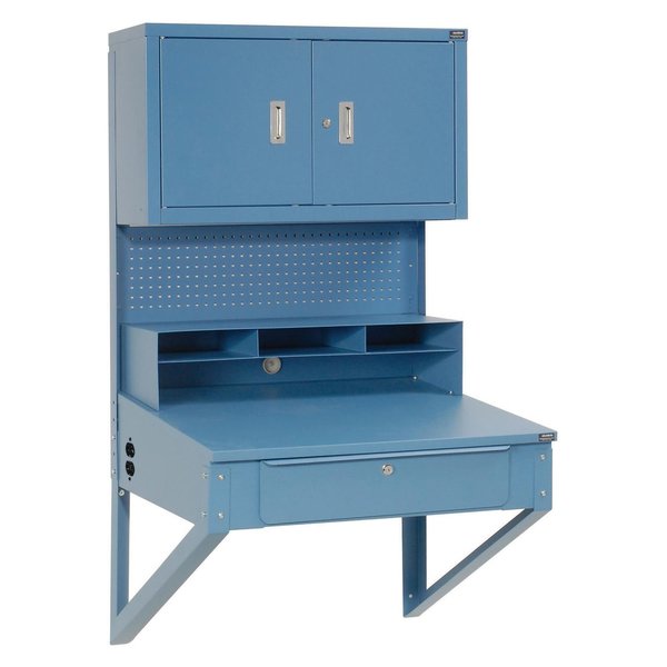 Shop Desk Wall Mount w/Pigeonhole Compartments and Cabinet Riser,  34-1/2W x 30D x 61H,  Blue