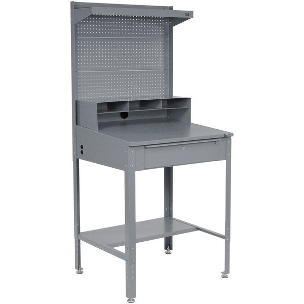 Slope Top Shop Desk w/ Pigeonhole Storage,  Pegboard w/Shelf,  34-1/2W x 30D x 38 to 42-1/2H,  Gray