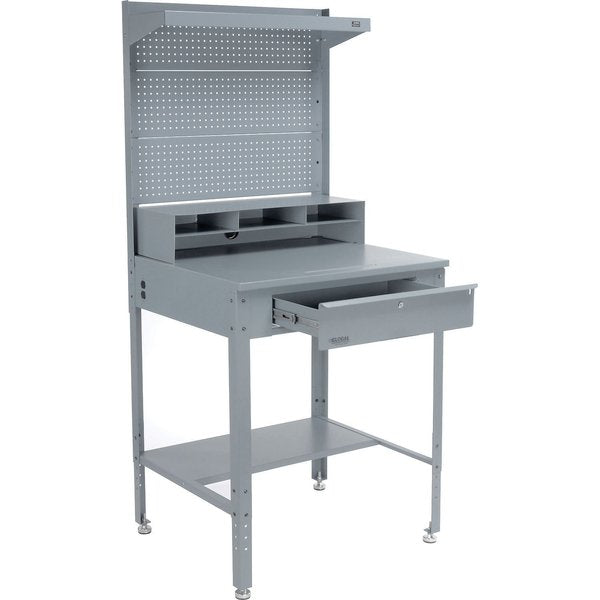 34-1/2W x 30D x 38H Shop Desk with Pigeonhole Riser,  Pegboard,  Top Shelf,  Flat Surface,  Gray