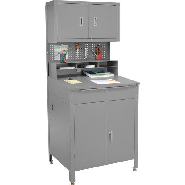 34-1/2W x 30D x 80H Cabinet Shop Desk with Pigeonhole Riser,  Pegboard & Upper Cabinet,  Gray