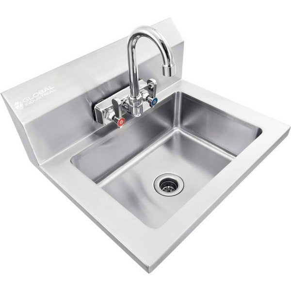 Stainless Steel Wall Mount Hand Sink W/Faucet & Strainer,  14x10x5 Deep