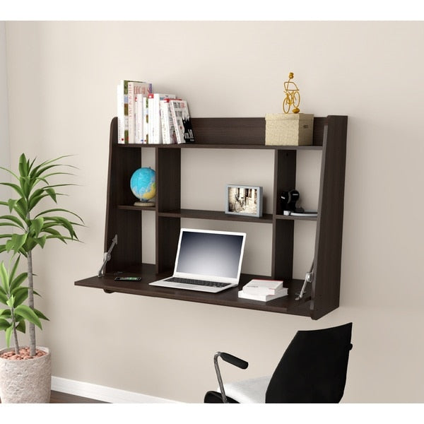 Floating Wall Mounted Desk 43.3 in. W Rectangular Espresso with 6-Shelves