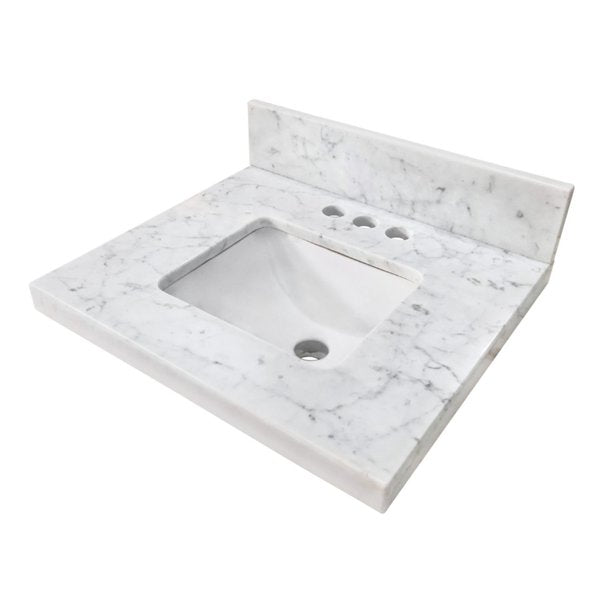 19 x 17 Carrara Marble Vanity Top with Rectangular Sink 4 Faucet Drillings,  Carrara White