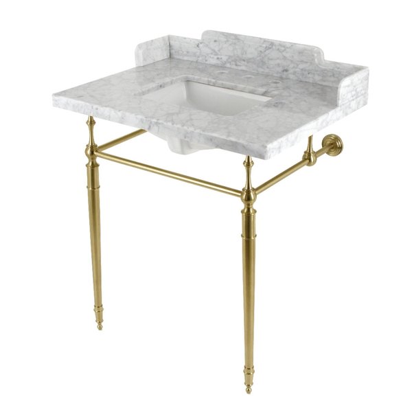 30 Carrara Marble Console Sink with Brass Legs,  Marble WhiteBrushed Brass