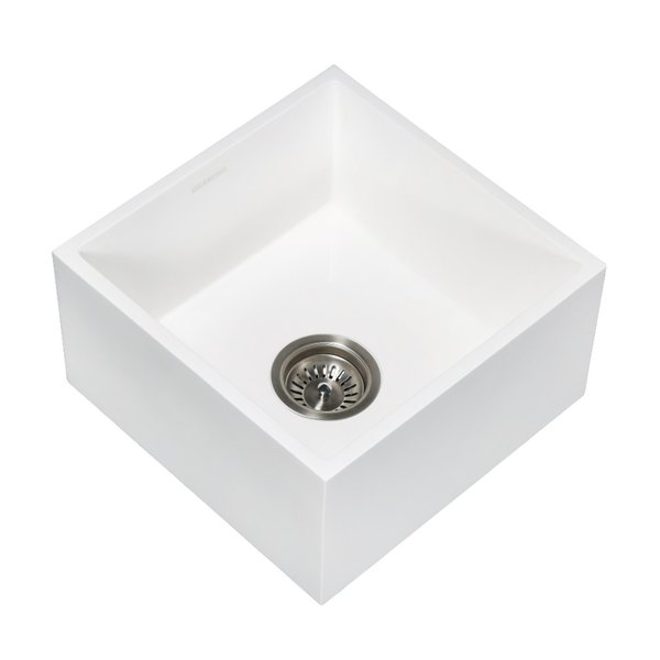 Solid Surface Undermount 15" Square Sgl Bowl Bar Sink W/ Drain,  Wht