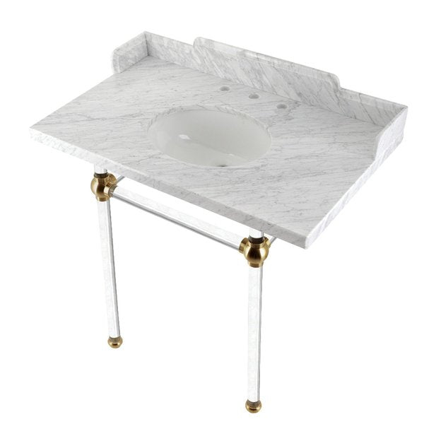 36 Carrara Marble Console Sink with Acrylic Legs,  Marble WhiteBrushed Brass