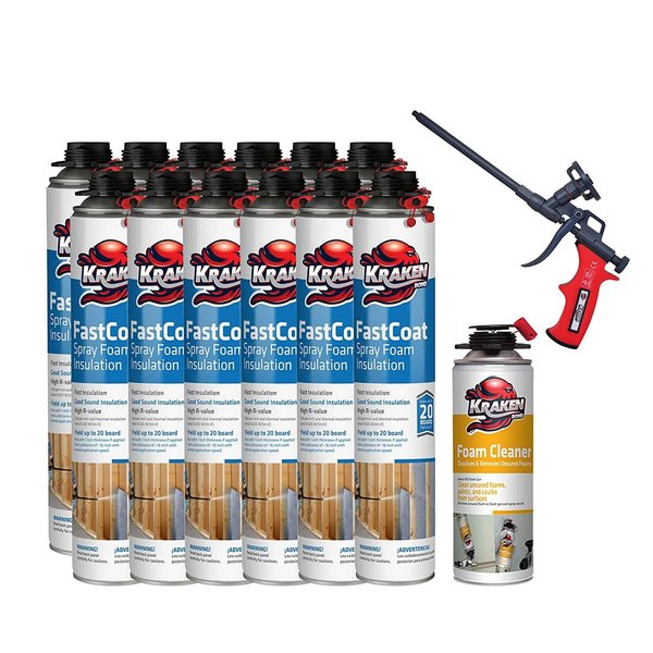 Krakenbond FastCoat Insulation Foam Spray,  27.1 oz,  12 Gun Use Cans,  1 Spray Foam Gun, 1 Spray Foam Cleaner, 14PK