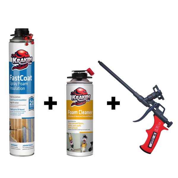 Krakenbond FastCoat Insulation Foam Spray,  27.1 oz,  1 Gun Use Can,  1 Spray Foam Gun,  1Spray Foam Cleaner,  3PK