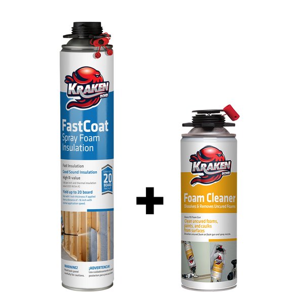 Krakenbond FastCoat Insulation Foam Spray,  27.1 oz,  1 Gun Use Can,  1 Spray Foam Cleaner,  2PK