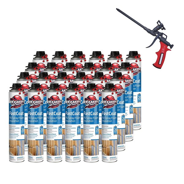 Krakenbond FastCoat Insulation Foam Spray,  27.1 oz,  24 Gun Use Cans,  1 Spray Foam Gun,  25PK