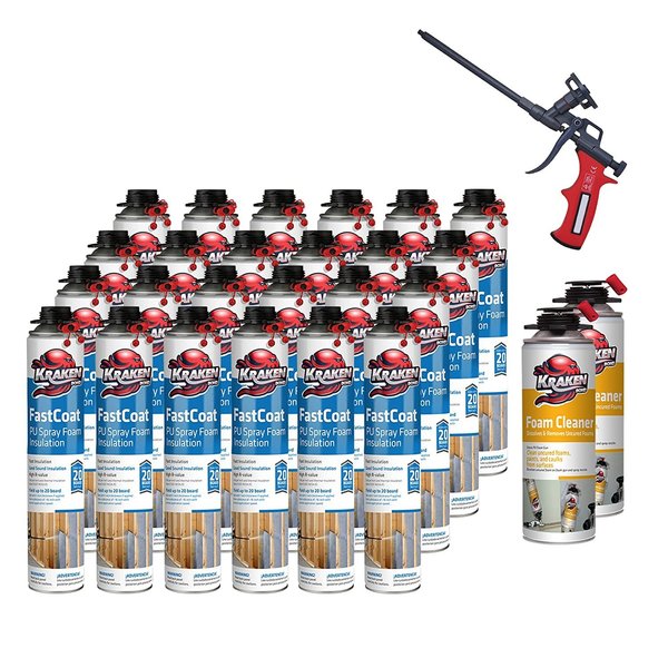 Krakenbond FastCoat Insulation Foam Spray,  27.1 oz,  24 Gun Use Cans,  2 Spray Foam Cleaner, 1 Spray Foam Gun, 27PK