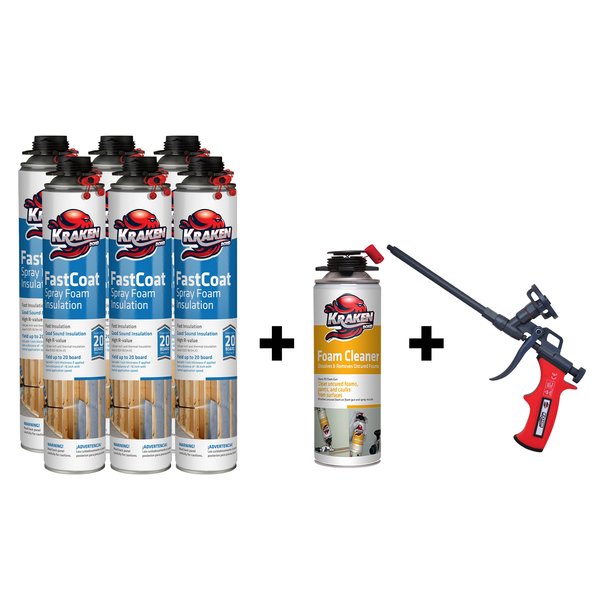 Krakenbond FastCoat Insulation Foam Spray,  27.1 oz,  6 Gun Use Cans,  1 Spray Foam Cleaner,  1 Spray Foam Gun,  8PK