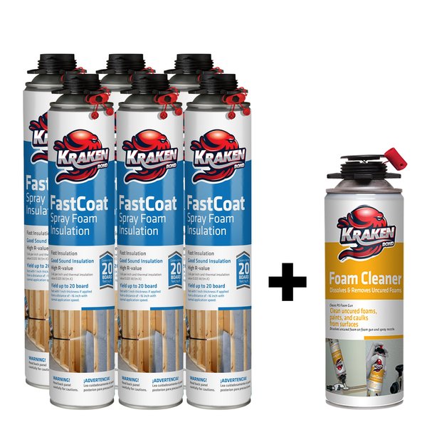 Krakenbond FastCoat Insulation Foam Spray,  27.1 oz,  6 Gun Use Cans,  1 Spray Foam Cleaner,  7PK