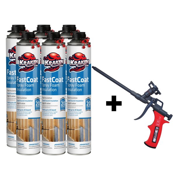 Krakenbond FastCoat Insulation Foam Spray,  27.1 oz,  6 Gun Use Cans,  1 Spray Foam Gun,  7PK