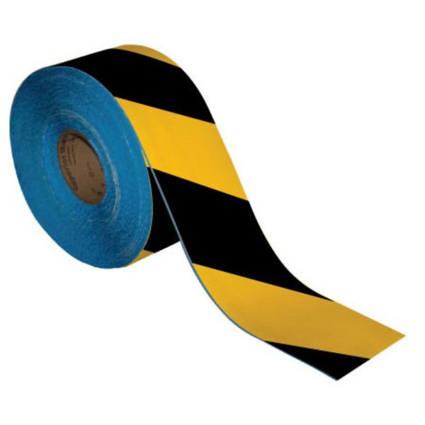 Floor Marking Tape,  4in x 100Ft ,  Black/Yellow Hazard Stripe