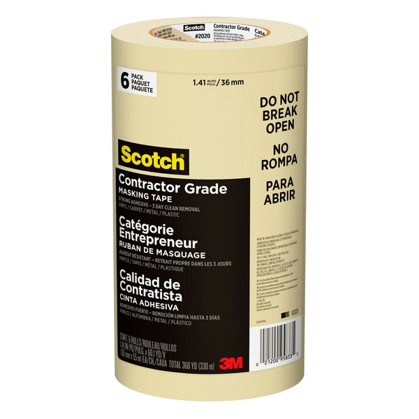 Contractor Grade Masking Tape,  1.88 in W x 60 yd L,  6 Pk