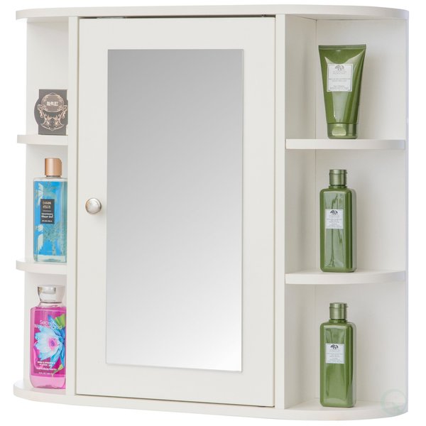 White Wall Mounted Bathroom Storage Cabinet Organizer,  Mirrored Vanity Medicine Chest w/Open Shelves