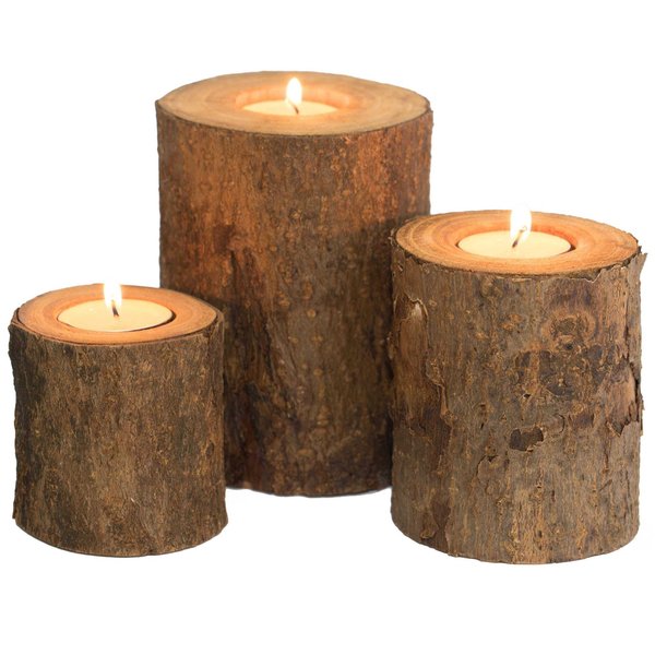 Bark Wooden Pillar Tree Stump Tea Light Rustic Candle Holder ,  PK 3