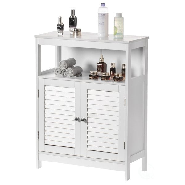Wooden White Storage Bathroom Vanity Cabinet w/Adjustable Shelves and Two Horizontal Planks