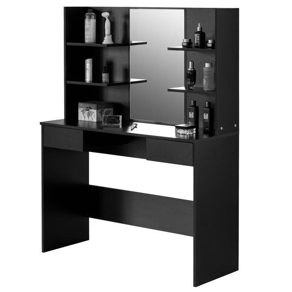 Black Modern Wooden Dressing Table with Drawer,  Mirror and Shelves for The Dining Room,  Entryway