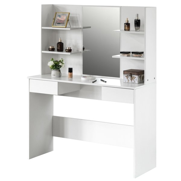 White Modern Wooden Dressing Table with Drawer,  Mirror and Shelves for The Dining Room,  Entryway