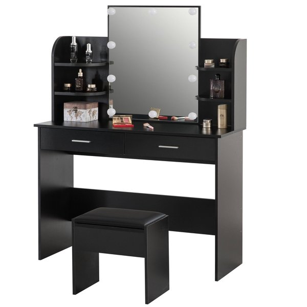 Black Modern Wooden Vanity Dressing Table With Two Drawers,  Led Mirror and Stool