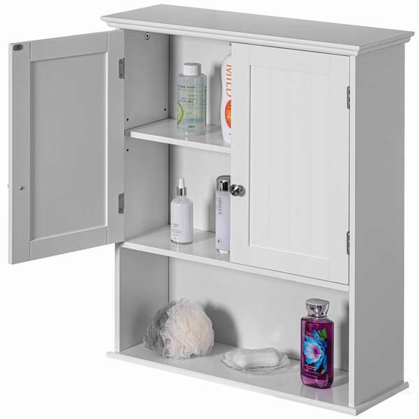 Wall Mount Wooden Medicine Cabinet Organizer Double Door 2 Shelves,  and Open Display Shelf,  White