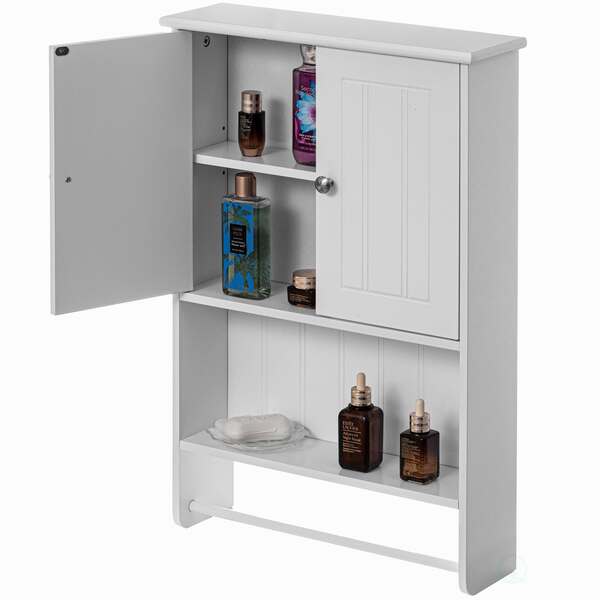 Wall Mount Wooden Medicine Cabinet Double Door 2 Shelves,  Open Display Shelf,  with Towel Bar,  White