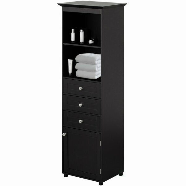 Tall Freestanding Linen Tower,  Bathroom Cabinet with 2 Open shelves,  3 Drawers,  and a Closet,  Black