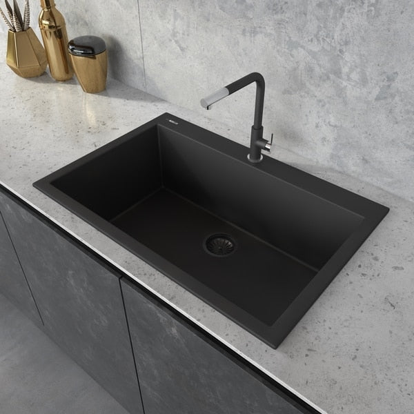 33"x22" Dual-Mnt Granite Composite Sgl Bowl Kitchen Sink,  Blk