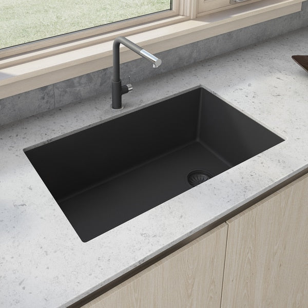 31"x19" Undermount Granite Composite Sgl Bowl Kitchen Sink,  Blk