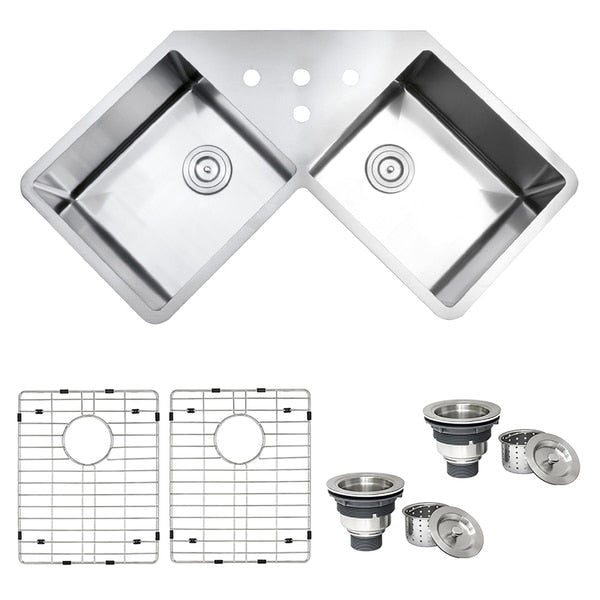 Corner Butterfly Undermount Kitchen Sink 16 Gauge 44" Double Bowl