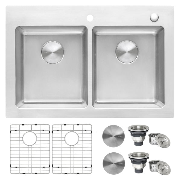 33"x22" Drop-in Topmount Kitchen Sink 16 Gauge SS 50/50 Double Bowl