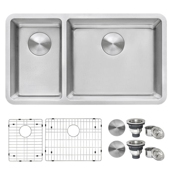 32" Undermount Kitchen Sink 30/70 Double Bowl 16 Gauge SS