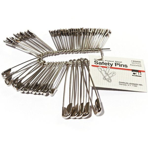 Safety Pins,  Assorted Sizes,  Nickel Plated,  50 Ea/Pk,  PK50
